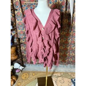 BIBI Rose Pink Knit Cardigan Sweater Vest Ruffle V-Neck‎ XL